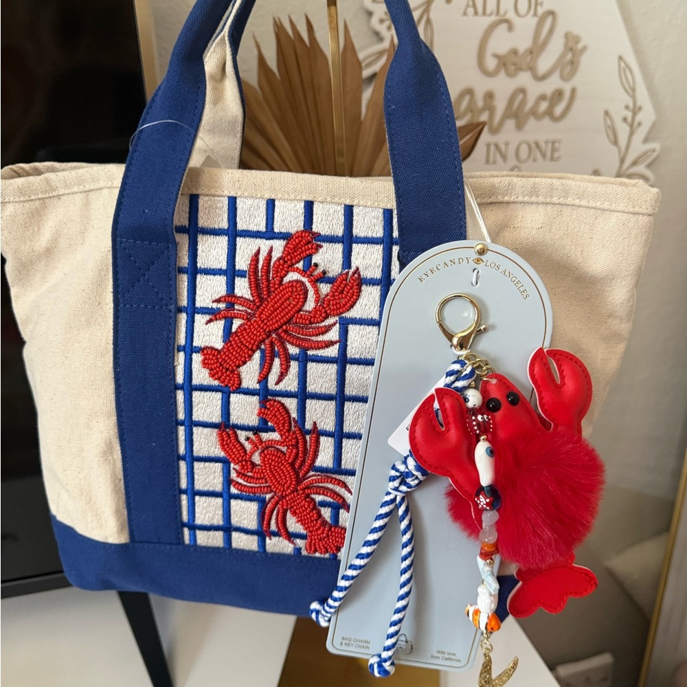 America & Beyond Canvas Tote with Blue Trim & Red Lobster Beaded Embroidery